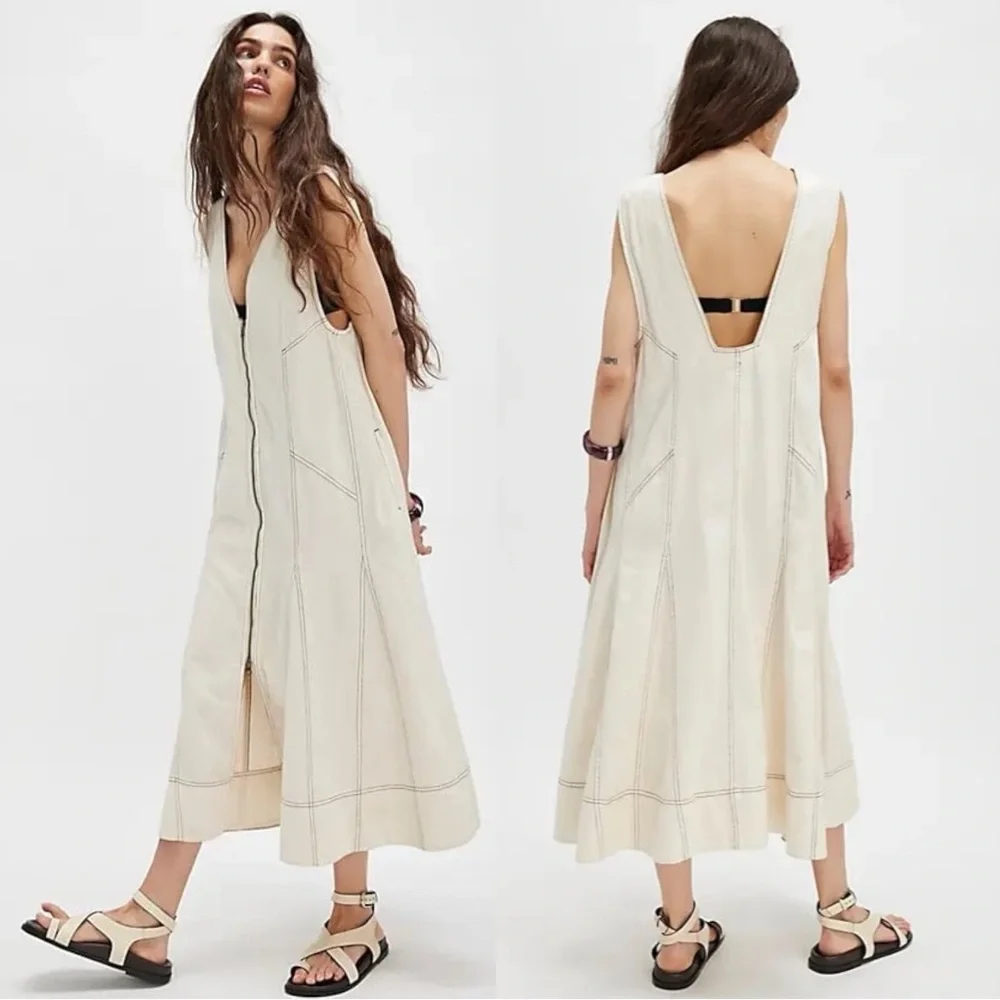 Free People Santino Denim Zip Front Midi Dress in Ecru Size Large Minimalist - Picture 4 of 16